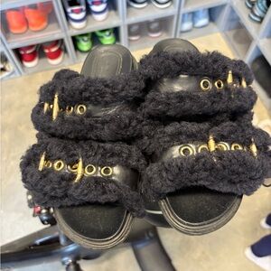 Marni Black Fuzzy Sandals with Gold Accents